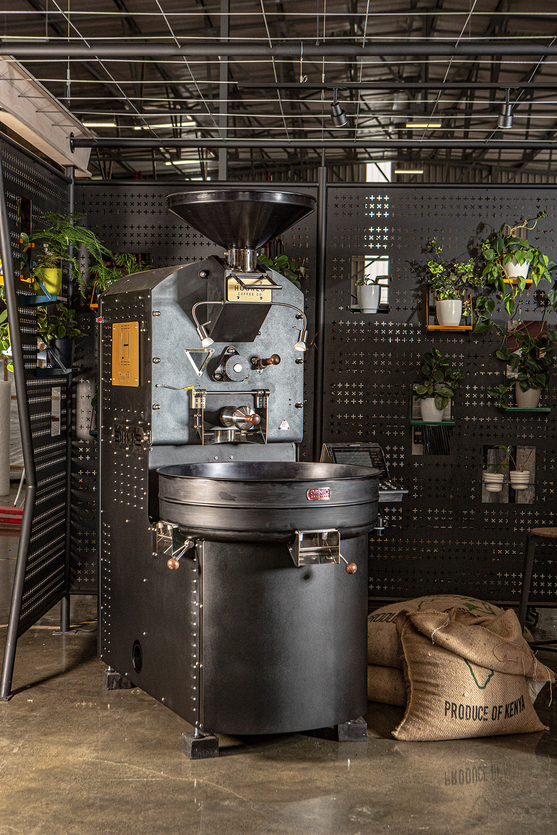 Genio 15 Industrial 15kg Coffee Roasting Machine in black colour in the Genio Roasters Factory