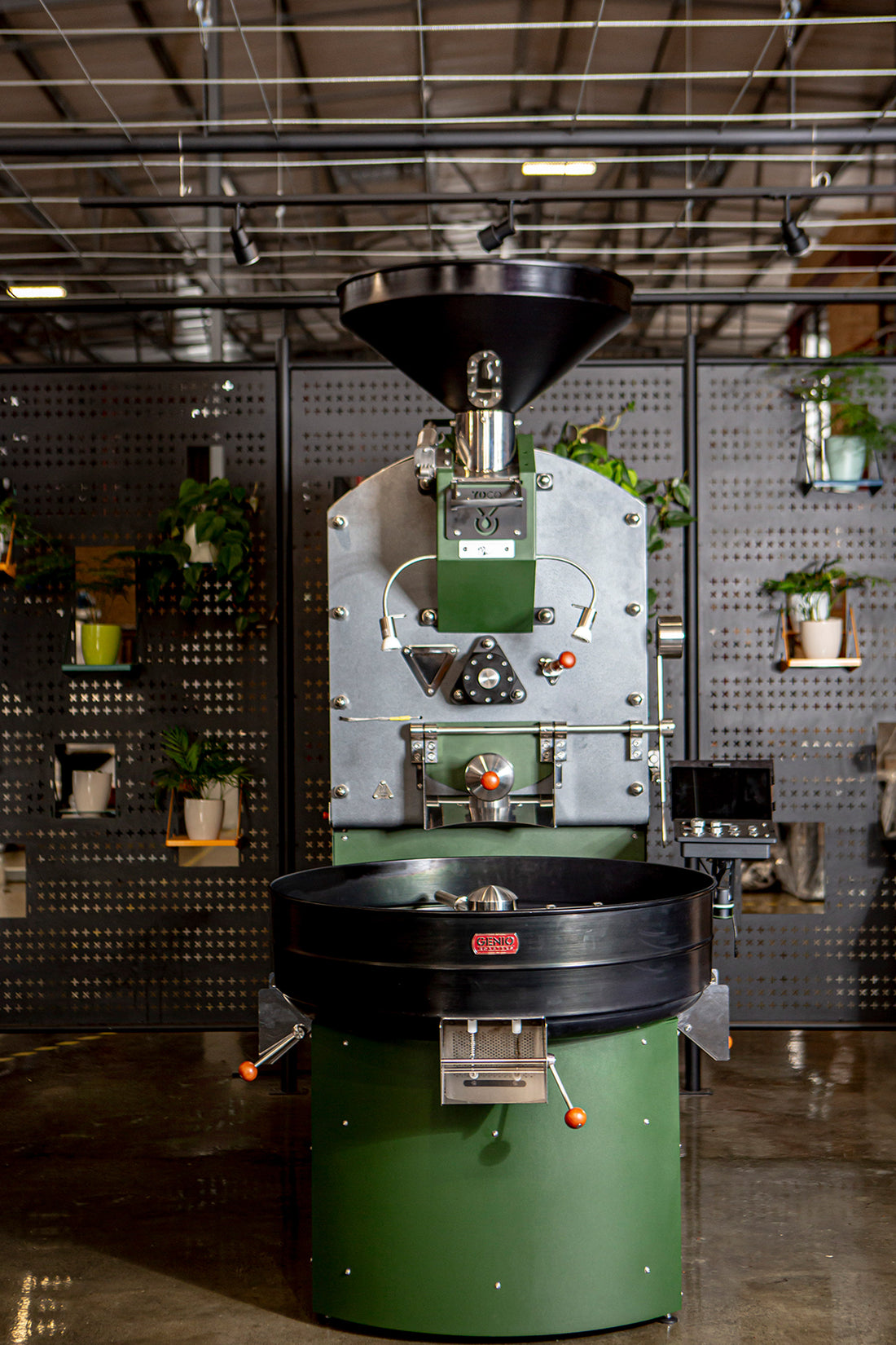 Genio 30 Coffee Roaster Machine seen from the front in green colour